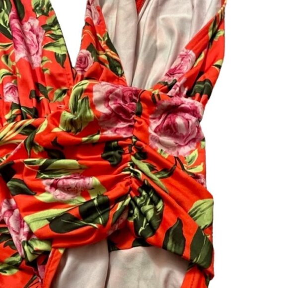 Zara NWT Orange Floral Stretch Deep V Neck Sleeveless Draped Bodysuit Medium - Picture 16 of 16